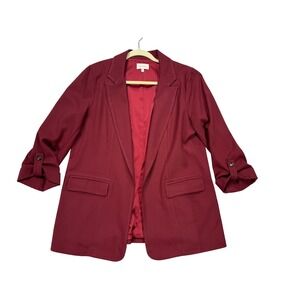 Skies Are Blue Blazer Womens Large Burgundy Excellent Roll Tab Sleeve Open Front